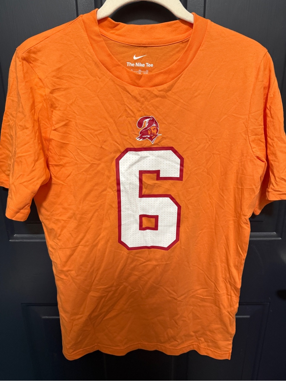 Youth XL Tampa Bay Buccaneers Mayfield Tee Orange Graphic Tee with Number 6